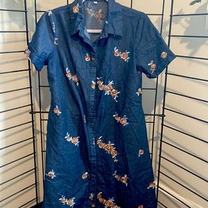 Denim Floral Embroidered Button Down Dress